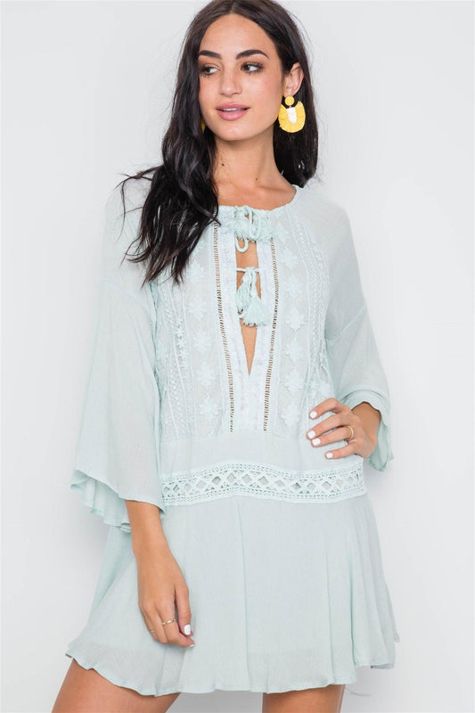 Mint Bell Sleeve Crochet Trim Mini Boho Dress /1-3-2-1