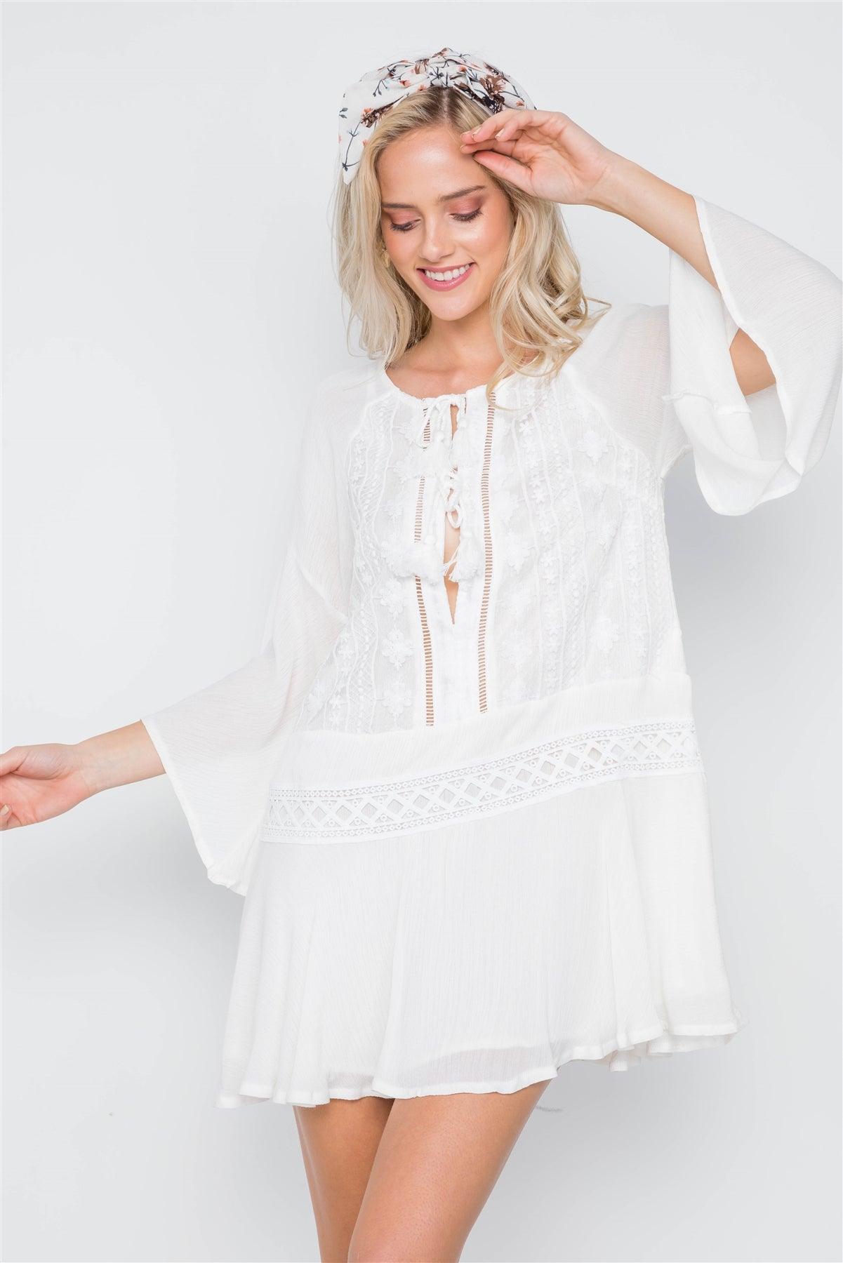 White Bell Sleeve Crochet Trim Mini Boho Dress /1-3-2-1