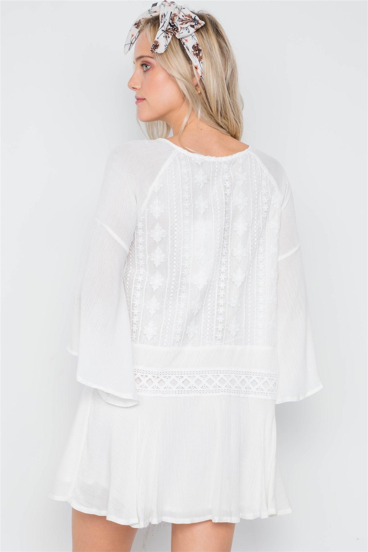 White Bell Sleeve Crochet Trim Mini Boho Dress /1-3-2-1