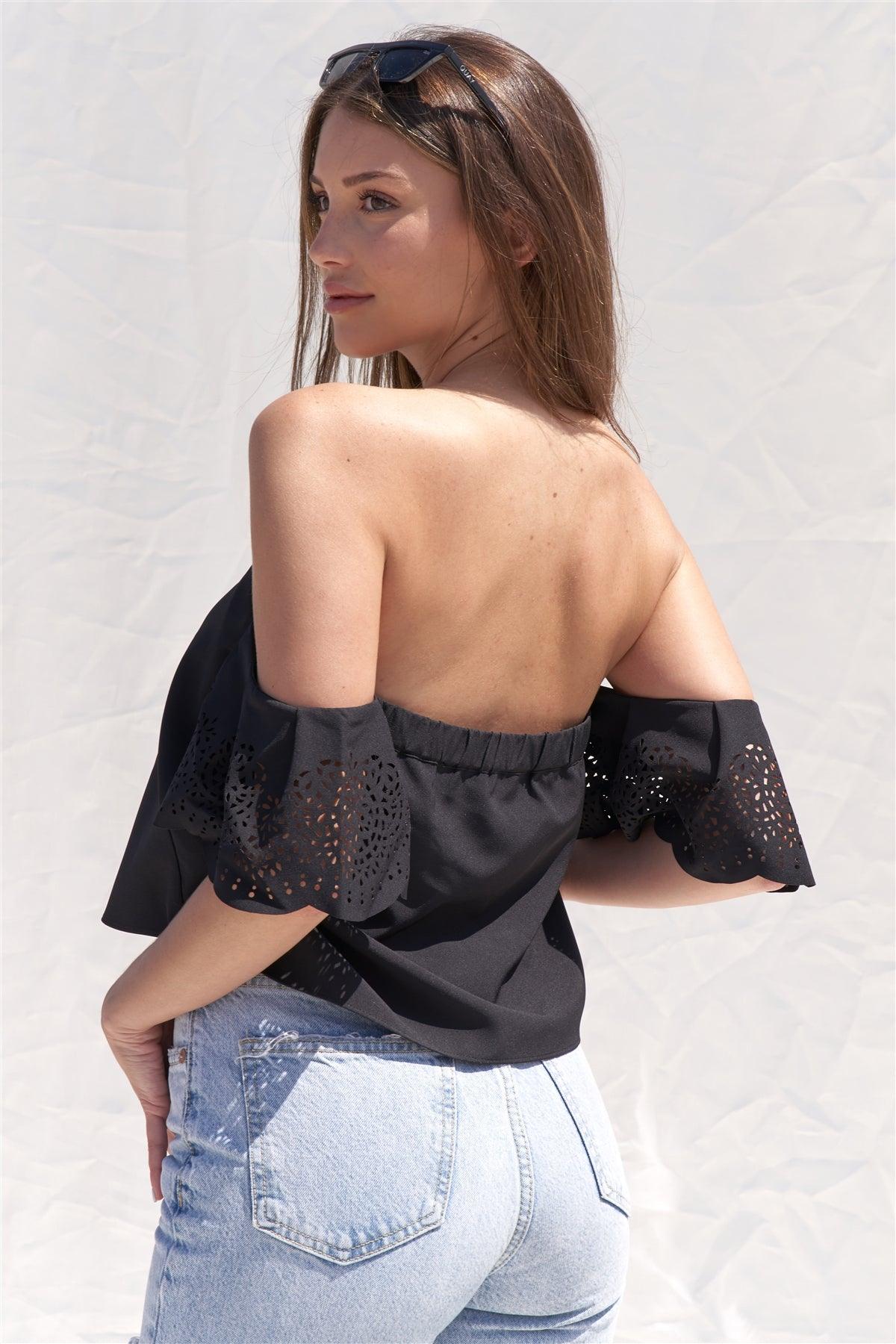 Black Off The Shoulder Confetti Cutout Sleeve Top /1-2-2-1