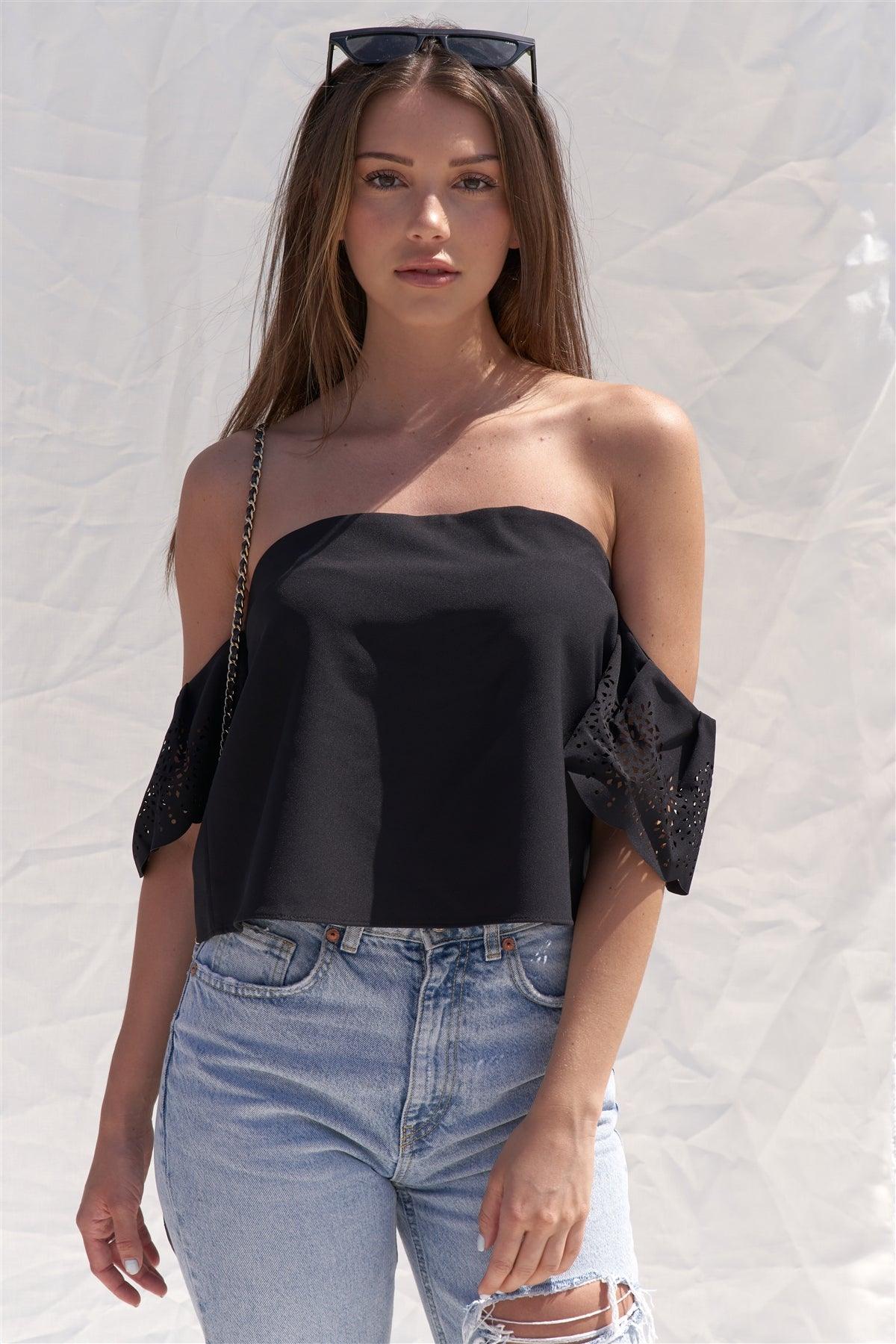 Black Off The Shoulder Confetti Cutout Sleeve Top /1-2-2-1