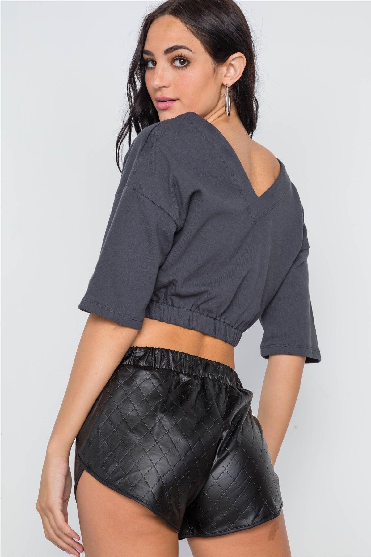 Charcoal 3/4 Sleeve V-Neck Knit Crop Top /3-2-1