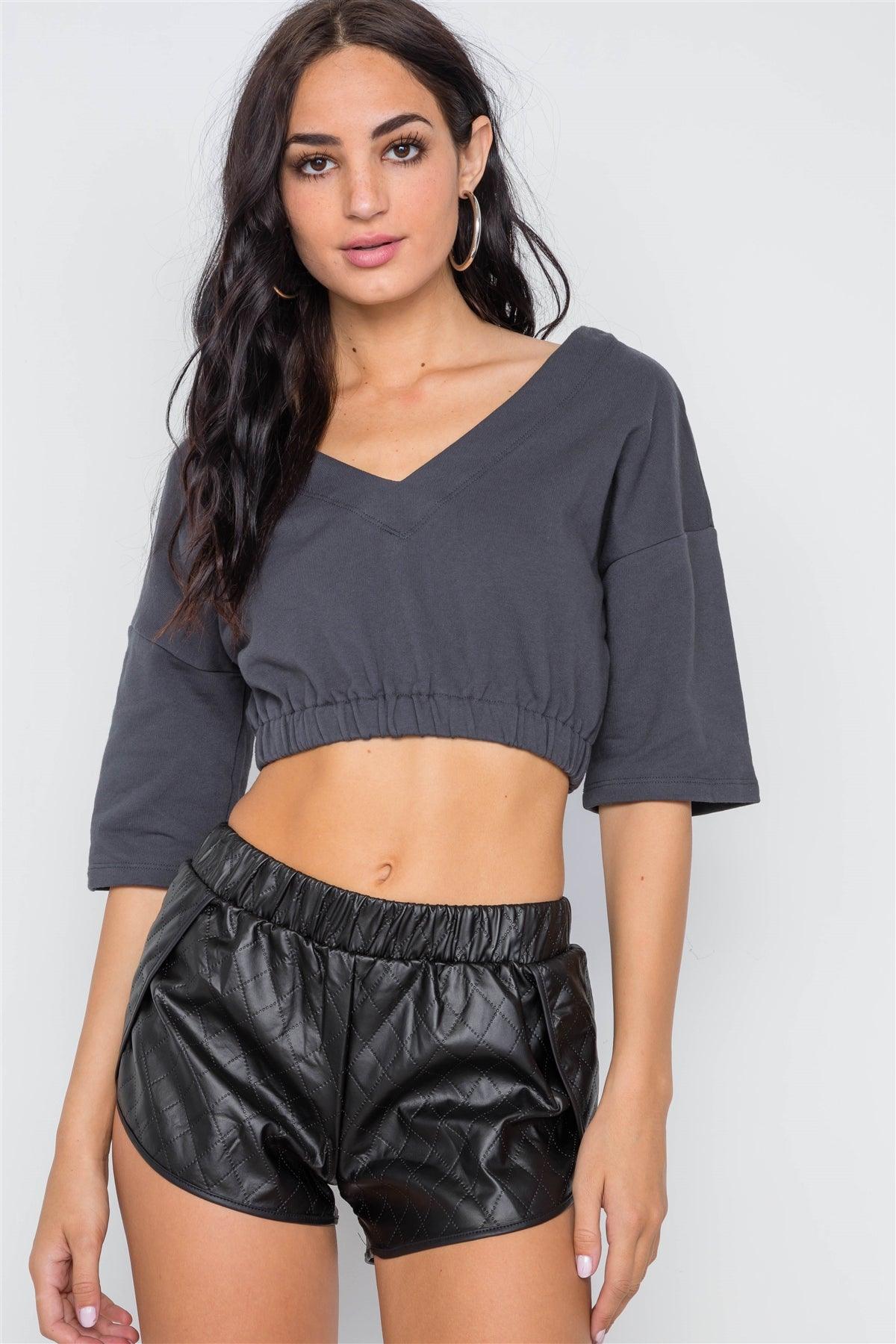 Charcoal 3/4 Sleeve V-Neck Knit Crop Top /3-2-1