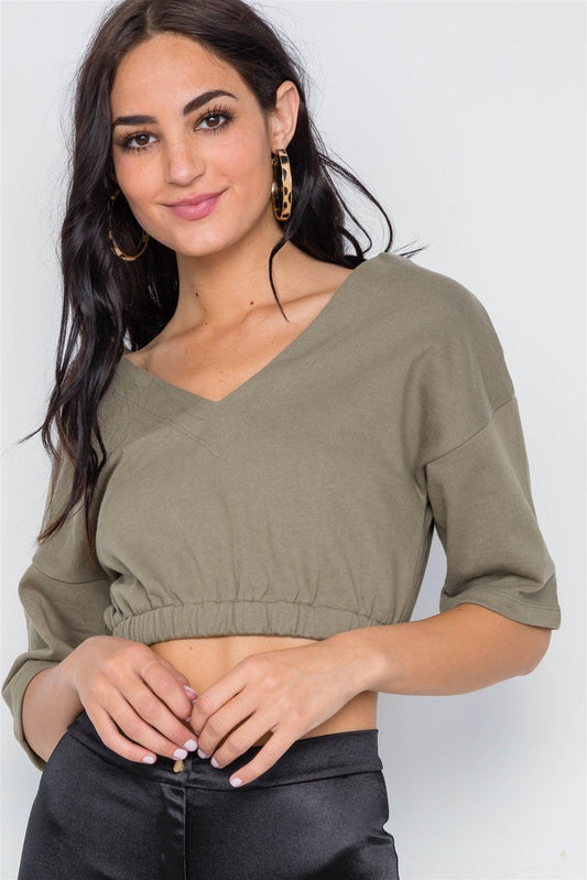 Olive 3/4 Sleeve V-Neck Knit Crop Top