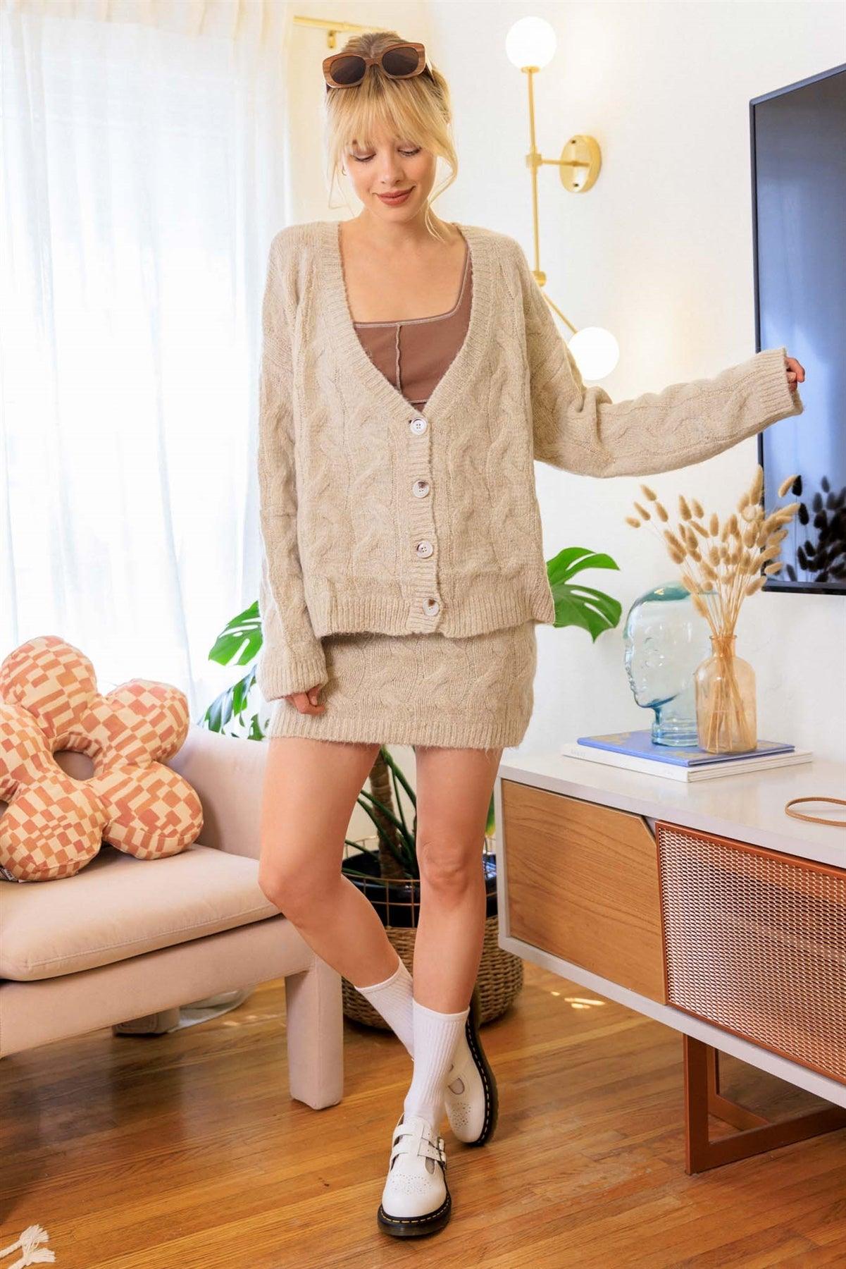 Oatmeal Cable Knit Button Up Cardigan Top & High Waist Skirt Set /3-2-2