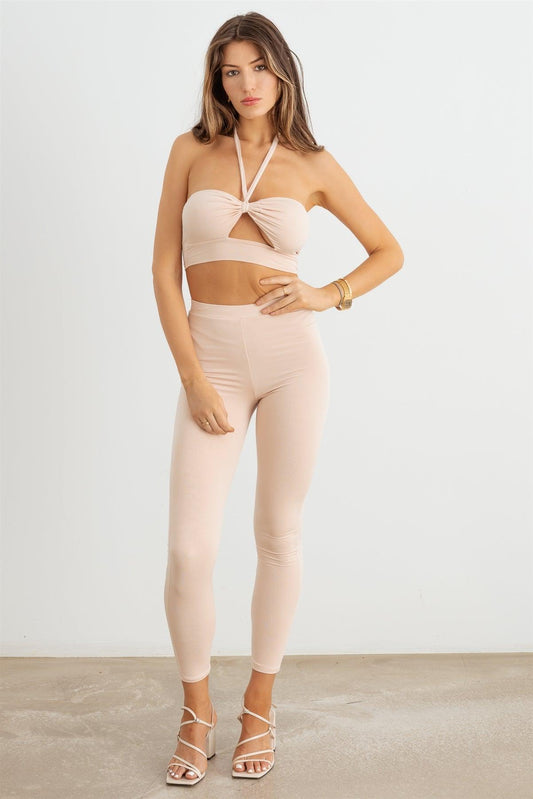 Peach Cut-Out Halter Neck Crop Top & High Waist Stretchy Set /2-2-2