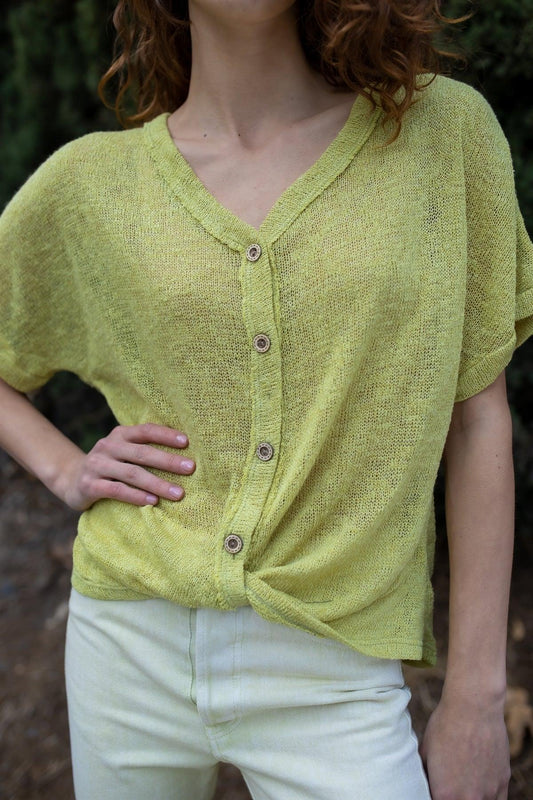 Lime Knit Button Up Semi-Sheer Twisted Front Detail Top /2-2-2