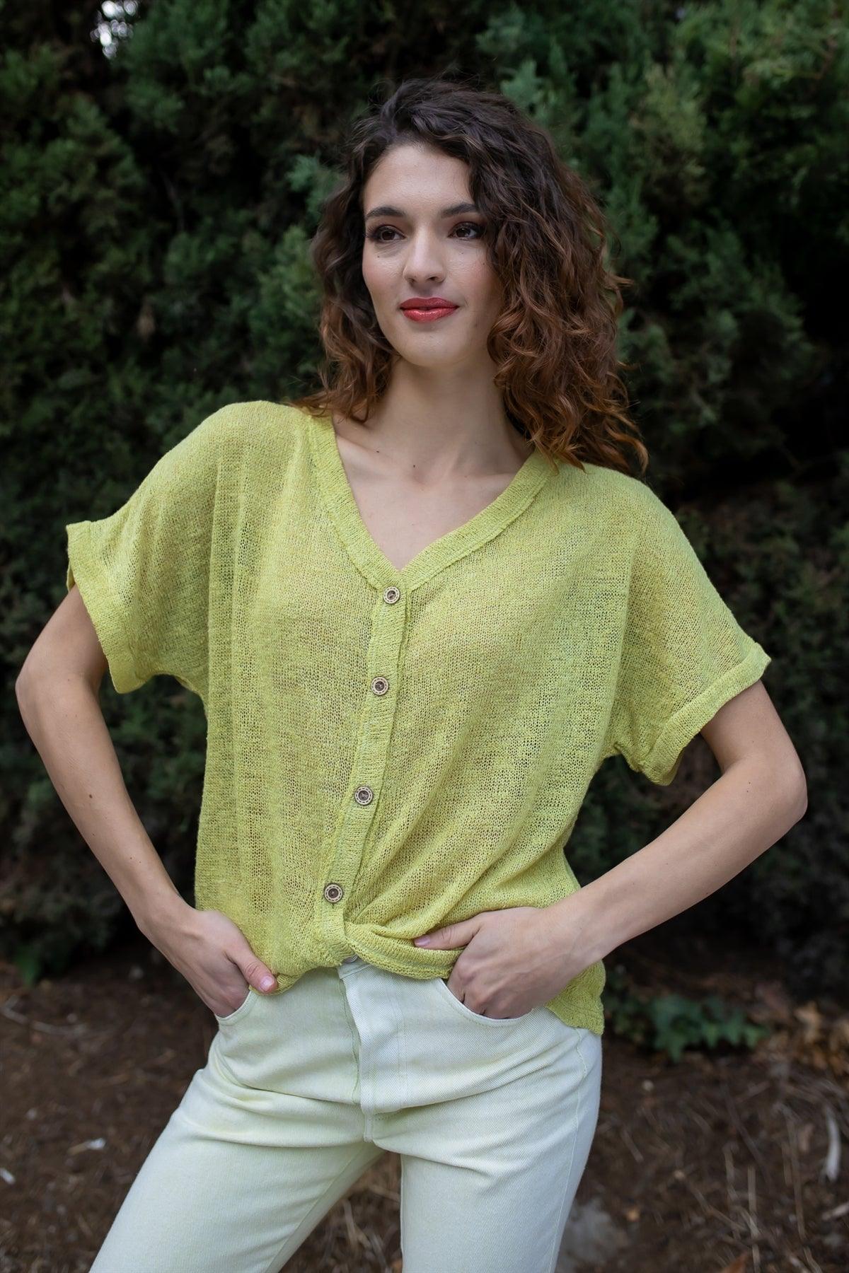 Lime Knit Button Up Semi-Sheer Twisted Front Detail Top /2-2-2