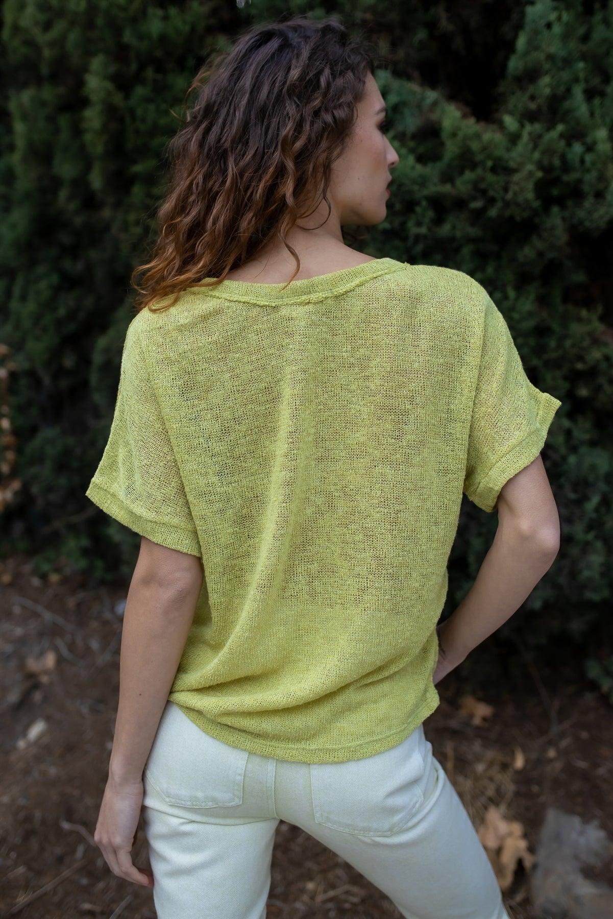 Lime Knit Button Up Semi-Sheer Twisted Front Detail Top /2-2-2