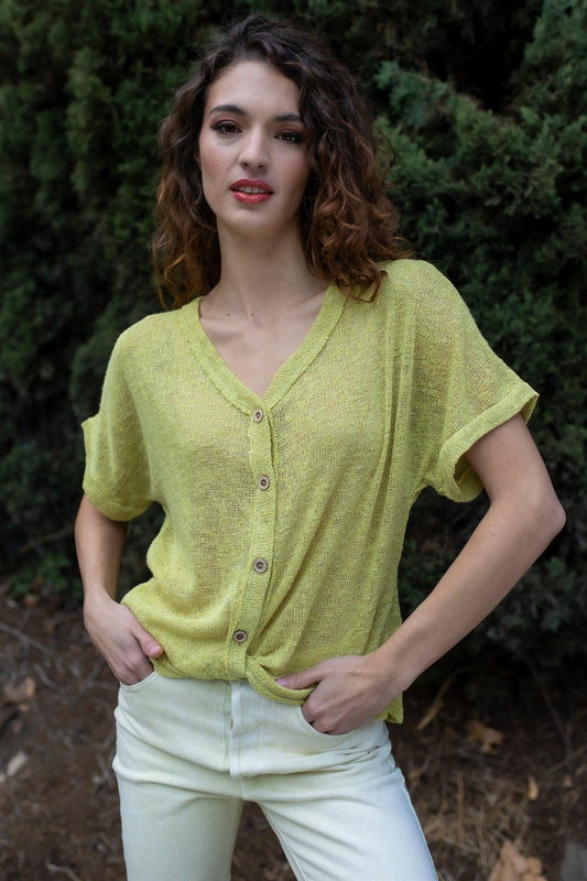 Lime Knit Button Up Semi-Sheer Twisted Front Detail Top /2-3-1