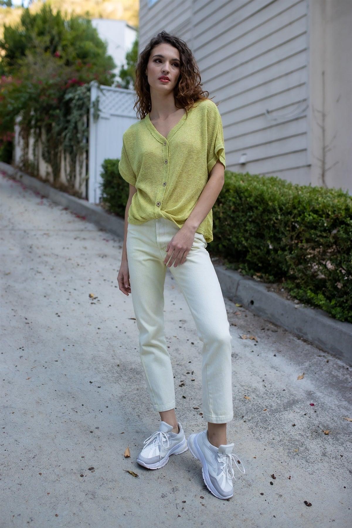 Lime Knit Button Up Semi-Sheer Twisted Front Detail Top /2-3-1