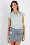 Mint Cotton Textured Self-Tie Collar Detail Ruffle Hem Top /2-2-2