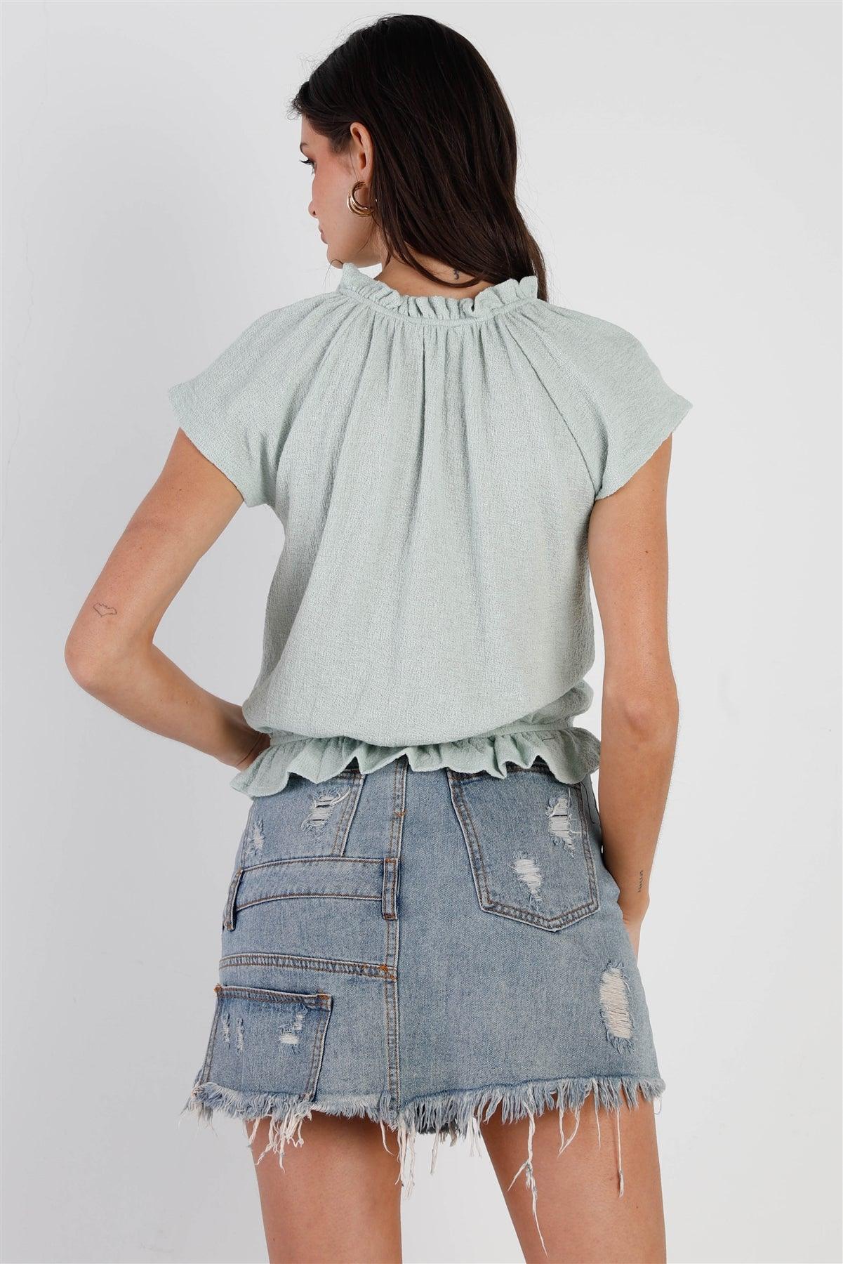 Mint Cotton Textured Self-Tie Collar Detail Ruffle Hem Top /2-2-2