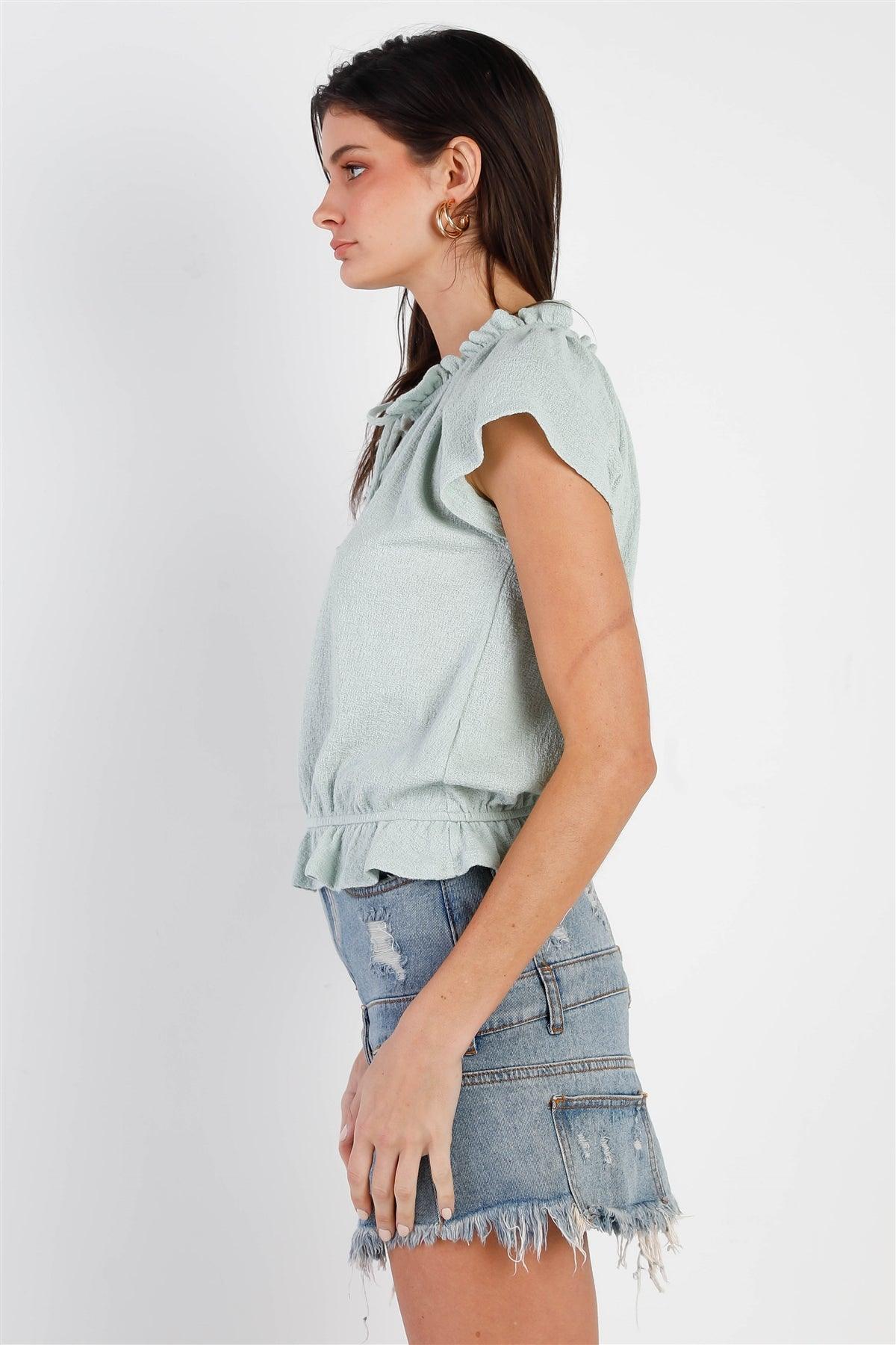 Mint Cotton Textured Self-Tie Collar Detail Ruffle Hem Top /2-2-2