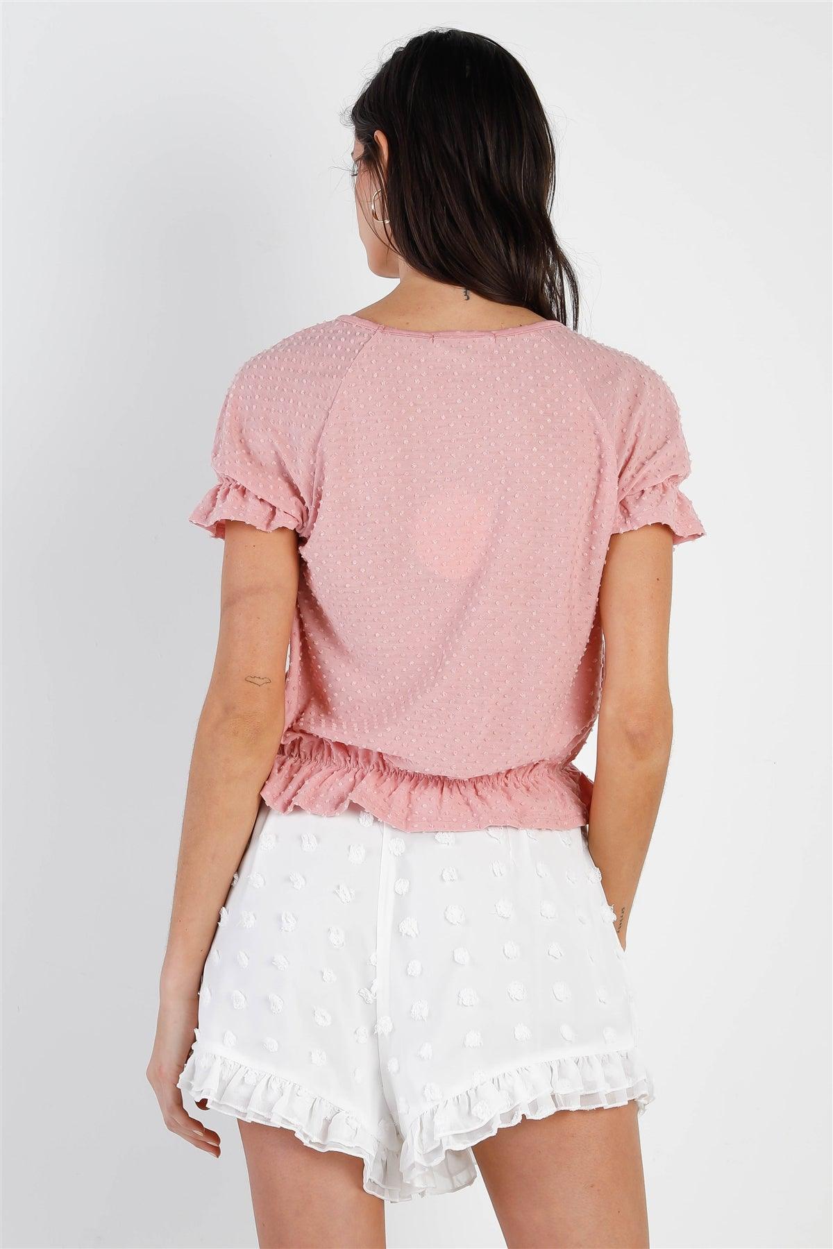 Peach Textured Polka Dot Elasticized Ruffle Trim Top /1-2-2