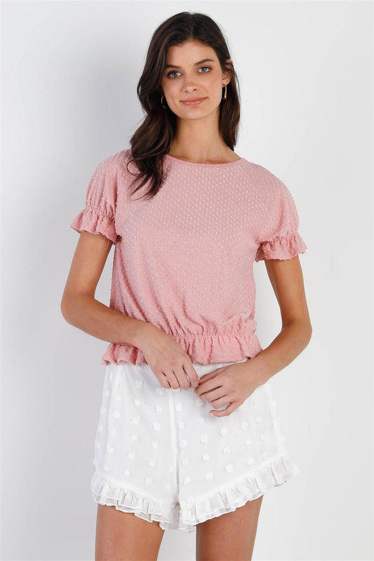 Peach Textured Polka Dot Elasticized Ruffle Trim Top /2-2-2