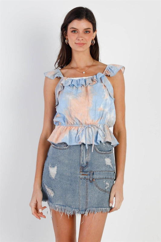 Peach Blue Tie-Dye Ruffle Trim Waist Self-Tie Detail Top /1-2-2