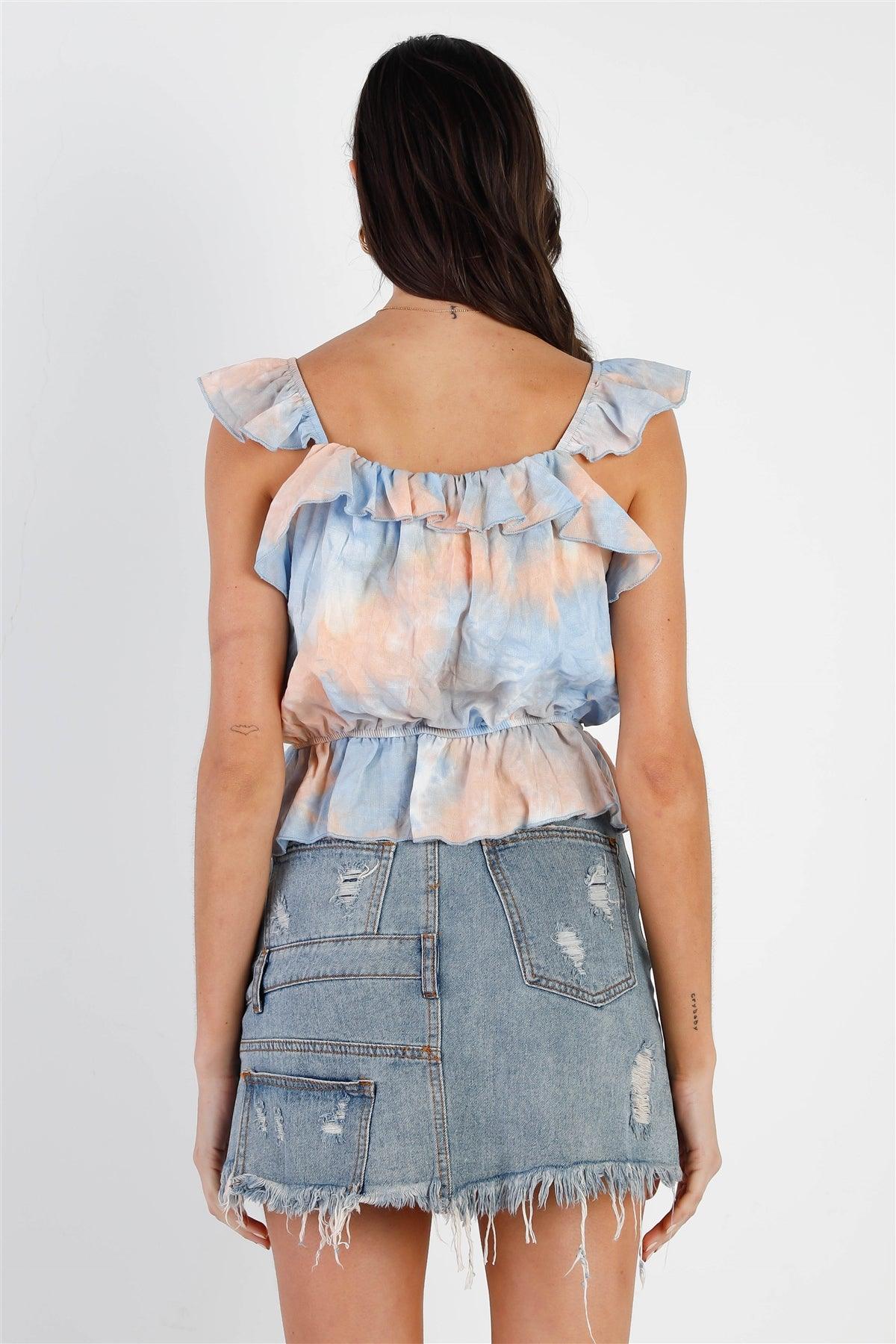 Peach Blue Tie-Dye Ruffle Trim Waist Self-Tie Detail Top /2-2-2