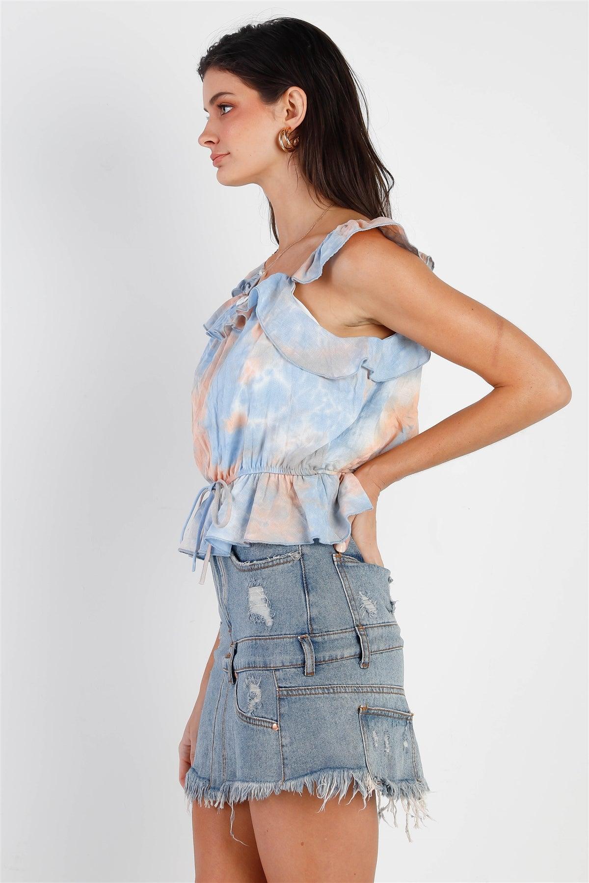 Peach Blue Tie-Dye Ruffle Trim Waist Self-Tie Detail Top /2-2-2