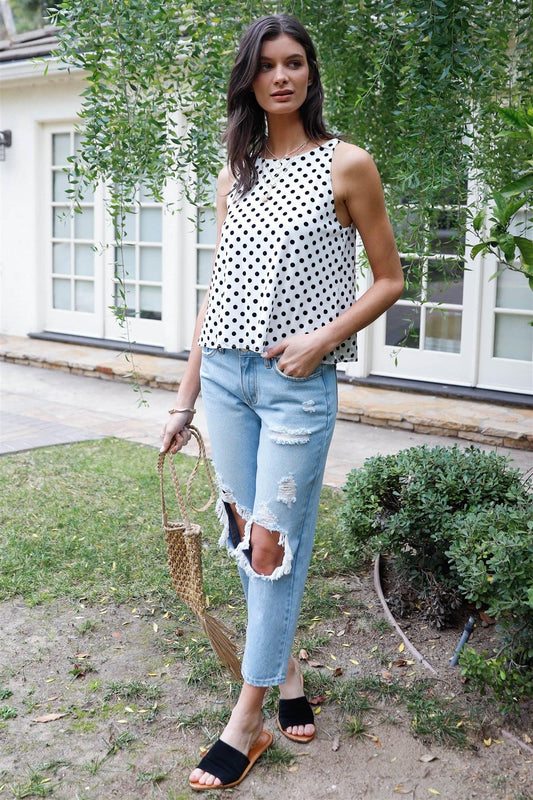 Off-White & Black Polka Dot Mesh Sleeveless Top /2-2-1