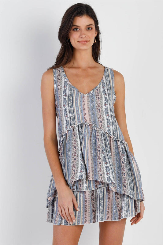 Blue & Pink Paisley Print Flare Hem Sleeveless Top  /2-2-2