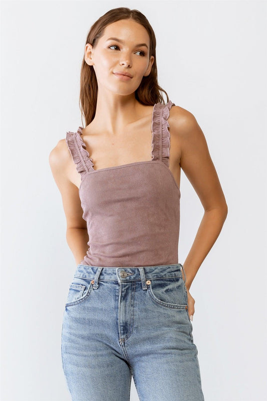 Dusty Purple Ribbed Ruffle Sleeveless Bodysuit /3-2-1