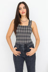 Taupe & Black Plaid Ruffle Detail Sleeveless Fitted Bodysuit /2-2-1