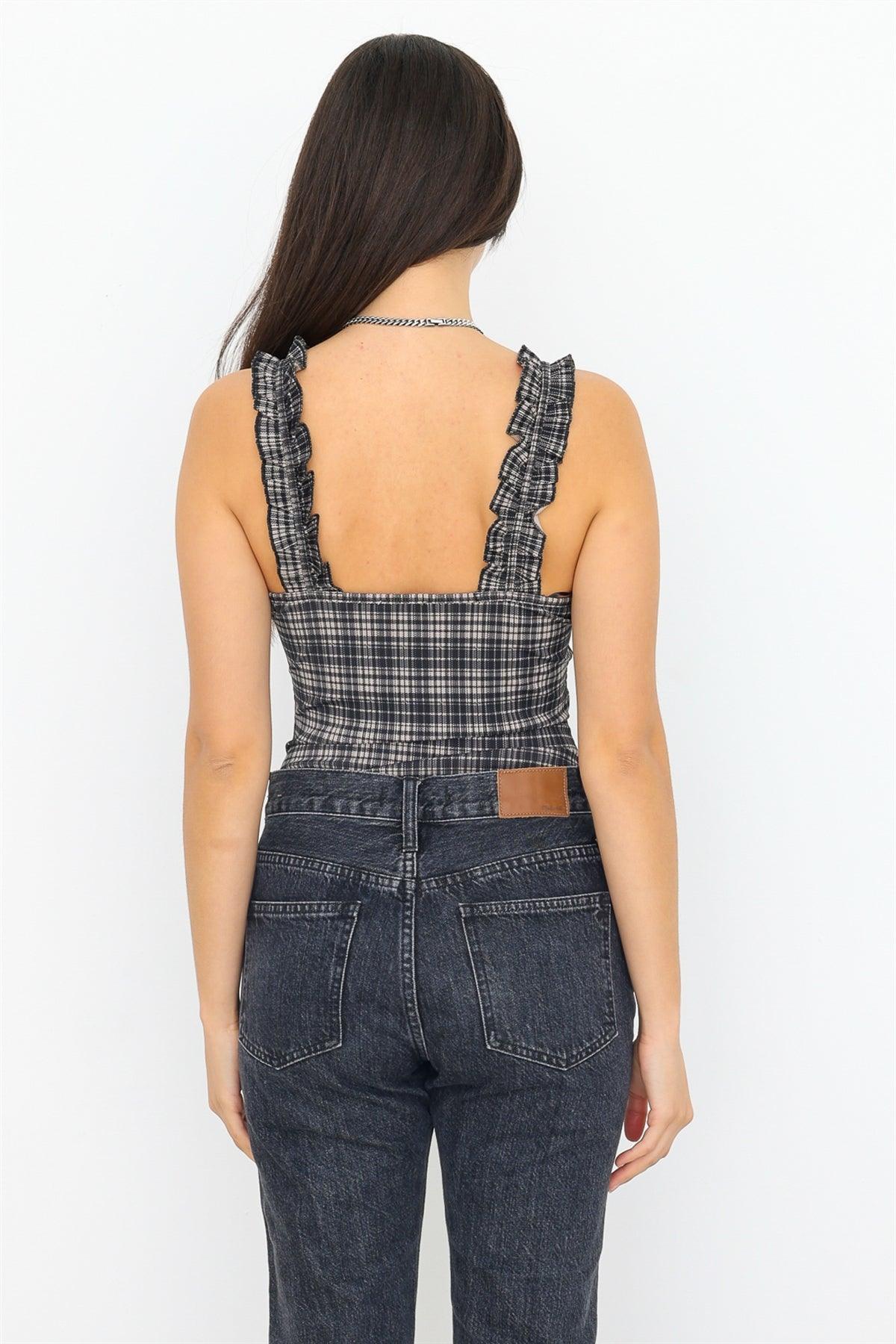 Taupe & Black Plaid Ruffle Detail Sleeveless Fitted Bodysuit /2-2-1