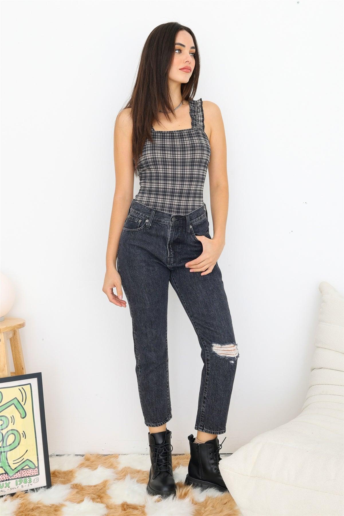 Taupe & Black Plaid Ruffle Detail Sleeveless Fitted Bodysuit /2-2-1