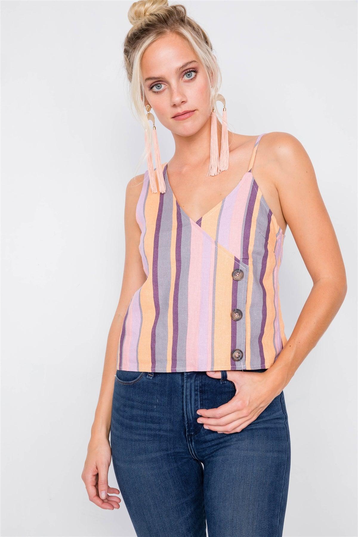 Blush Yellow Multi Boho Stripe Asymmetrical Strap Top /3-2-1