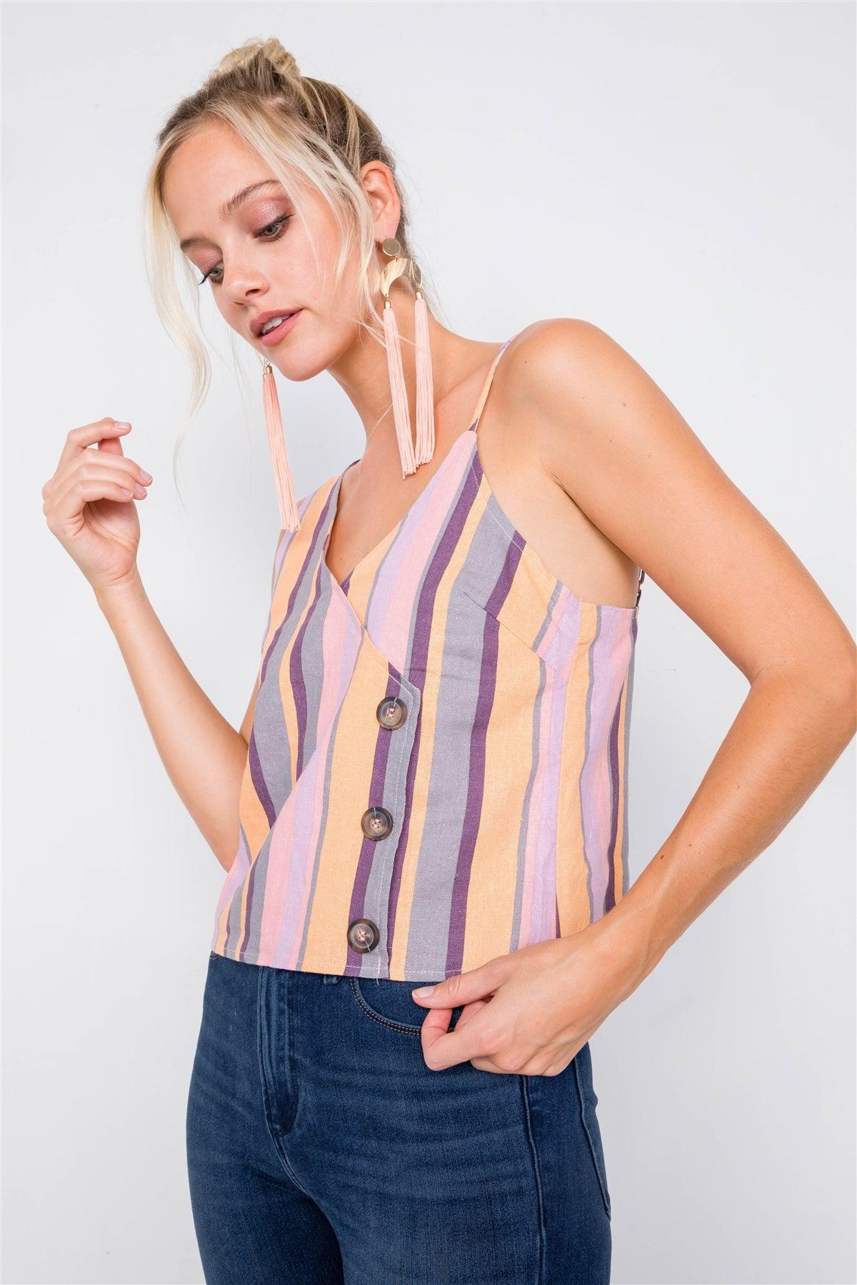 Blush Yellow Multi Boho Stripe Asymmetrical Strap Top /3-2-1