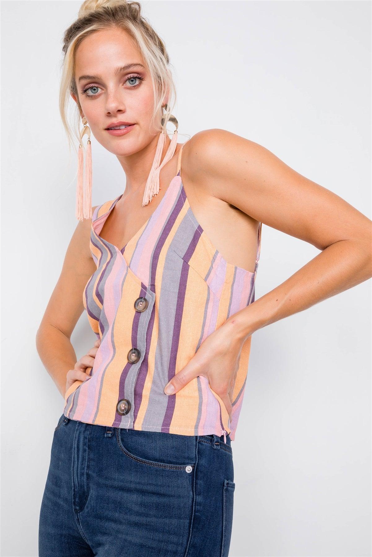 Blush Yellow Multi Boho Stripe Asymmetrical Strap Top /3-2-1