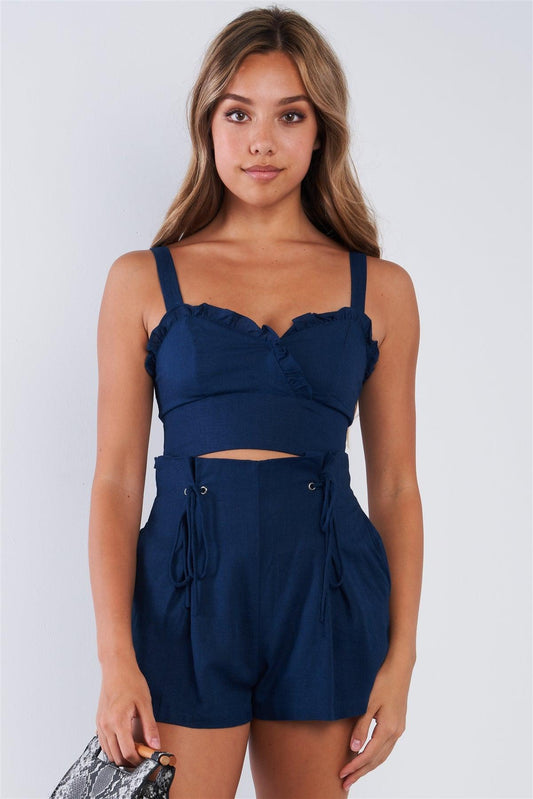 Indigo Linen Sweetheart Ruffled Neckline Crop Top