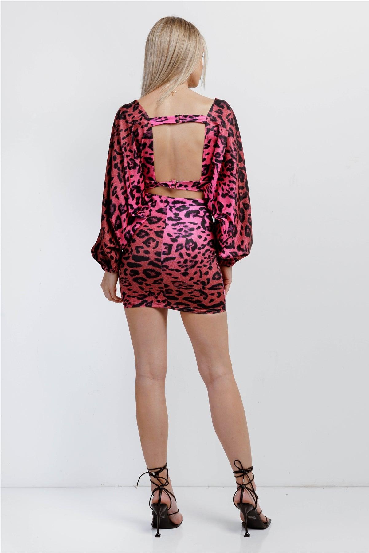 Pink Satin Animal Print V-Neck Open Back Dolman Sleeve Mini Skirt Set /3-2-1