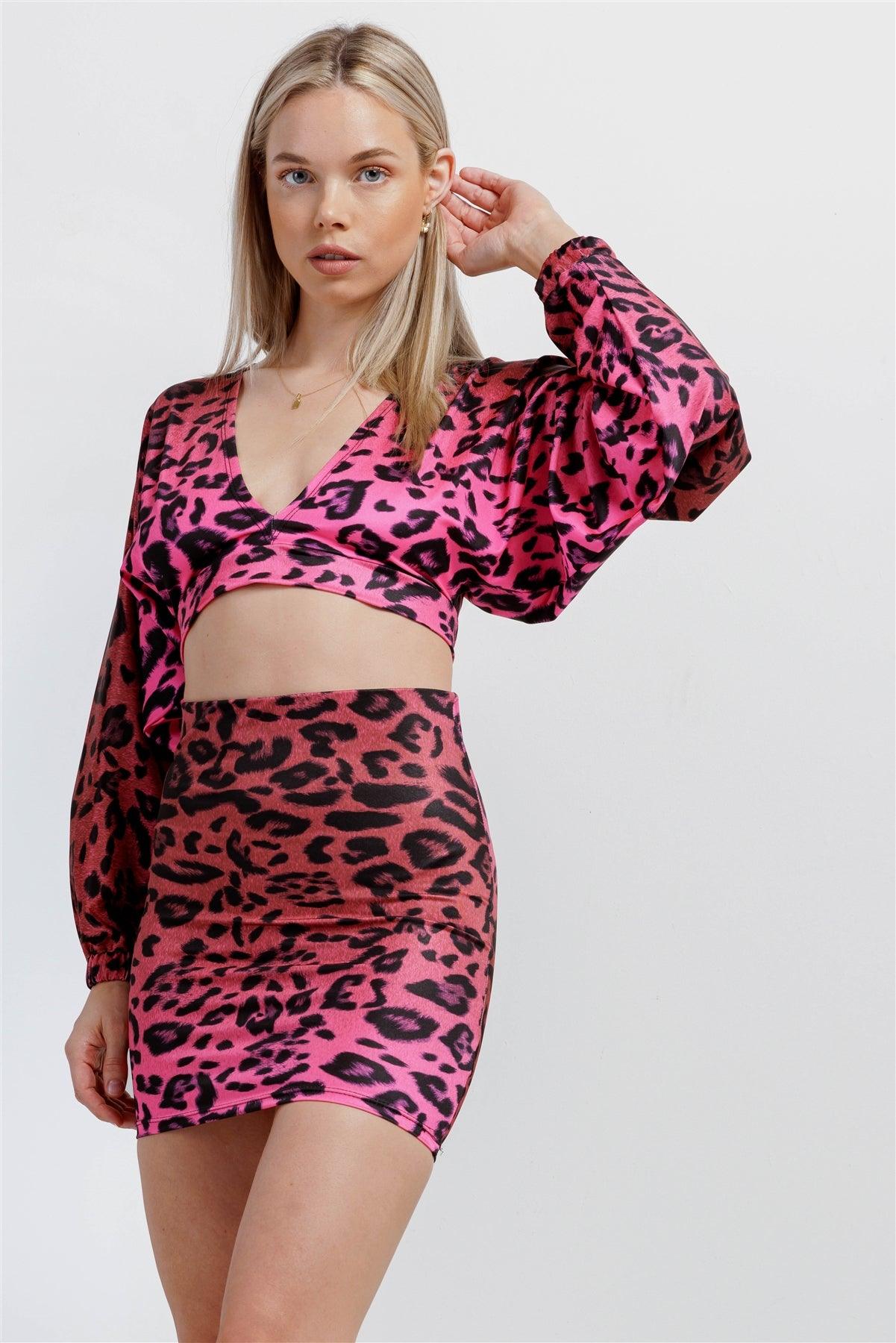 Pink Satin Animal Print V-Neck Open Back Dolman Sleeve Mini Skirt Set /3-2-1