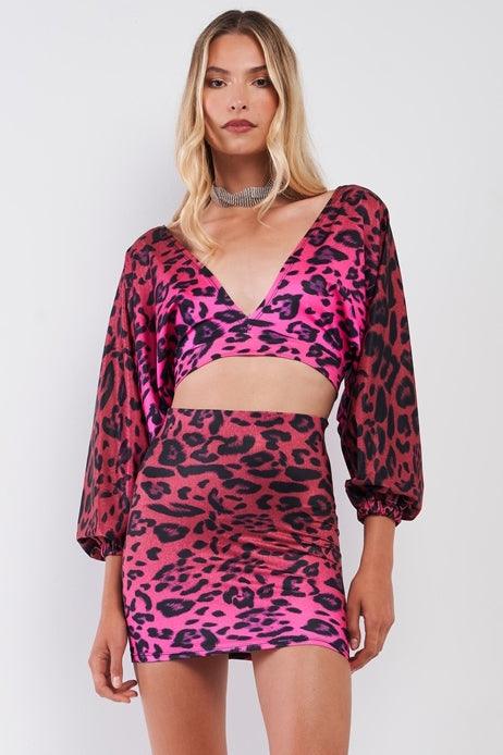 Pink Satin Animal Print V-Neck Open Back Dolman Sleeve Mini Skirt Set /3-2-1