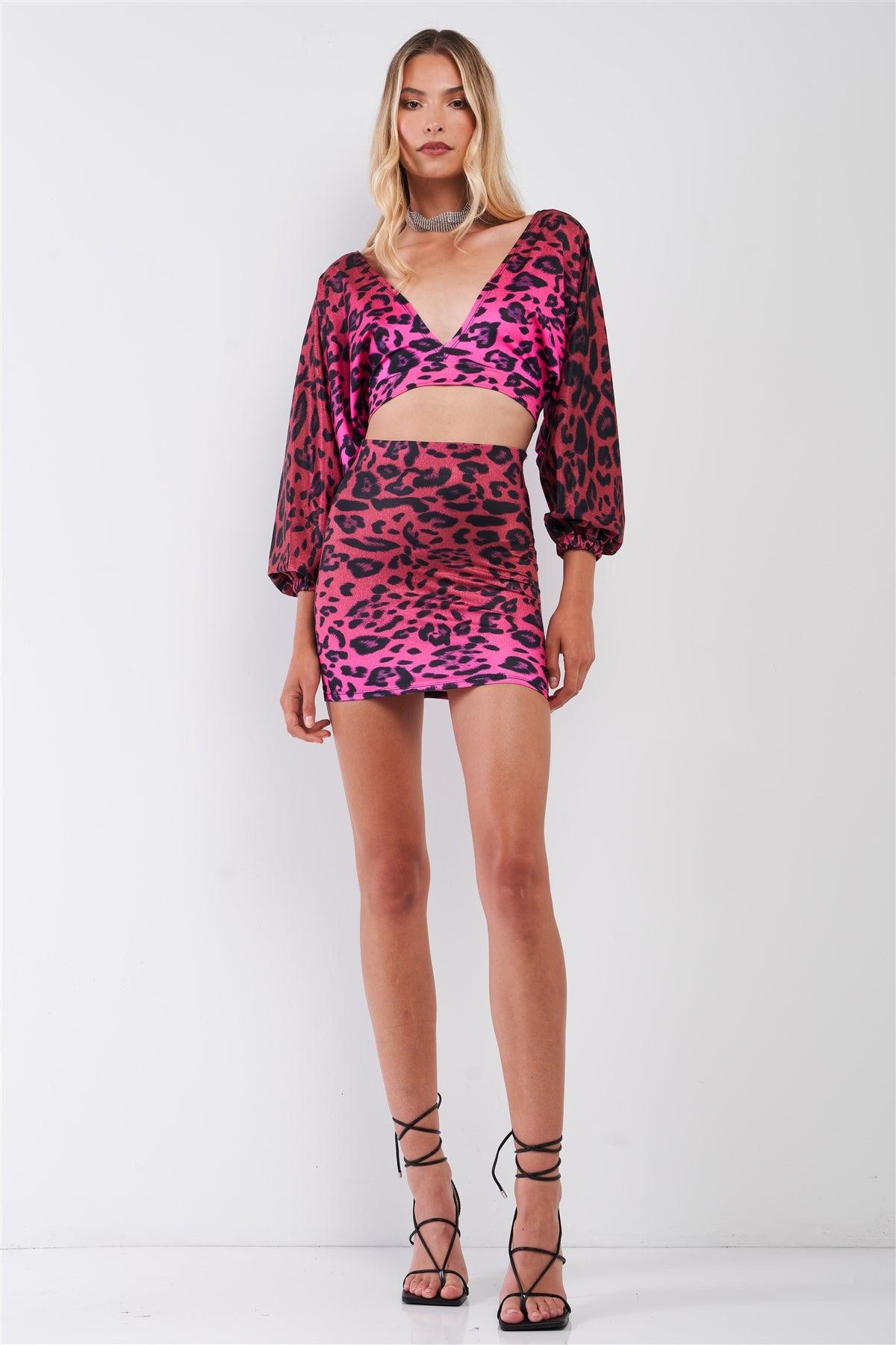 Pink Satin Animal Print V-Neck Open Back Dolman Sleeve Mini Skirt Set /3-2-1