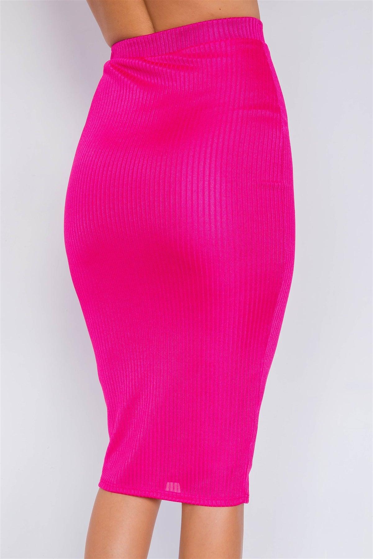 Fuchsia Ribbed Square Neck Crop Top & Mini Bodycon Skirt Set /2-2-1