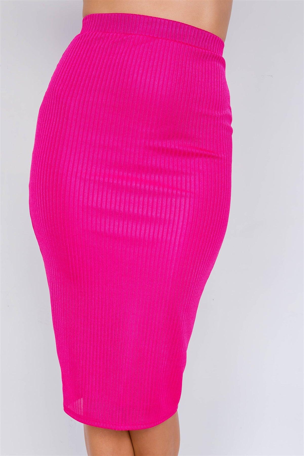 Fuchsia Ribbed Square Neck Crop Top & Mini Bodycon Skirt Set /2-2-1