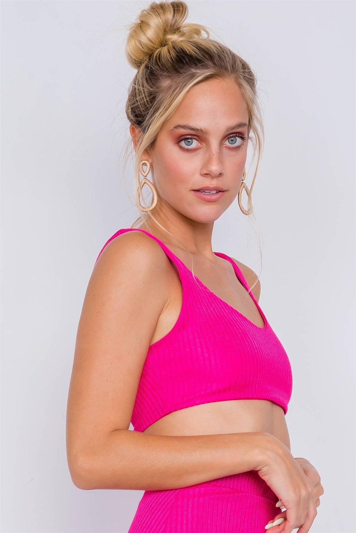 Fuchsia Ribbed Square Neck Crop Top & Mini Bodycon Skirt Set /2-2-1