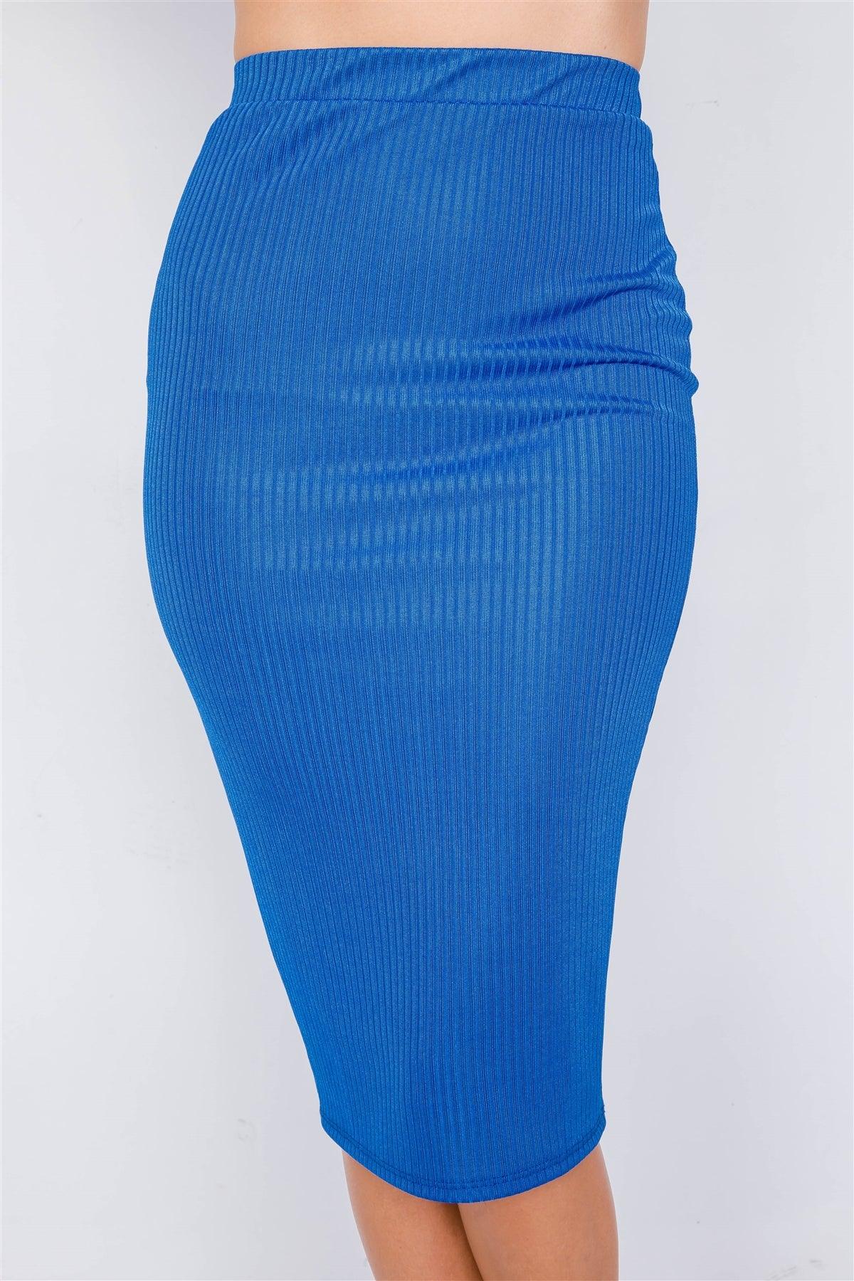 Royal Blue Ribbed Square Neck Crop Top & Mini Bodycon Skirt Set /3-2-1