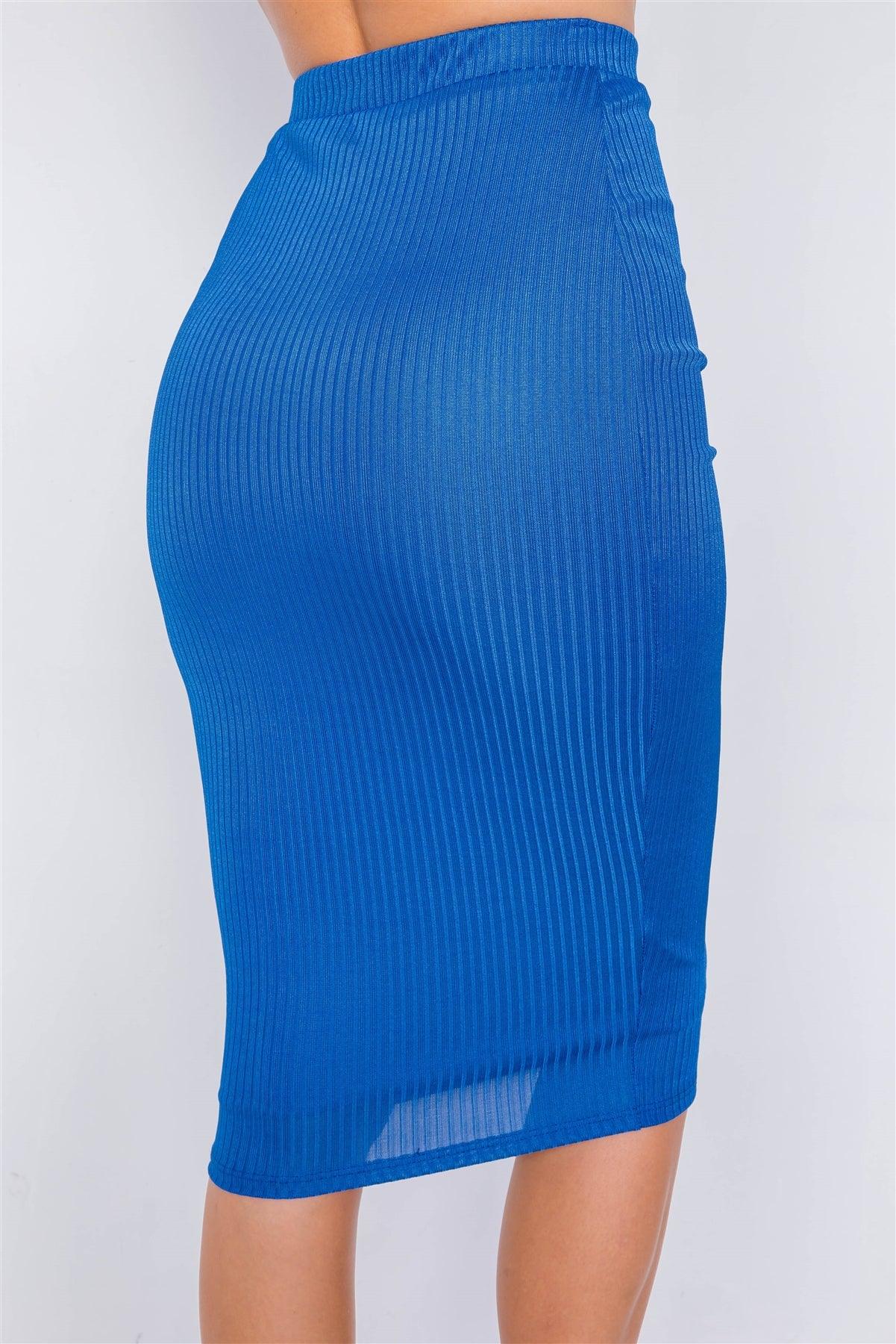 Royal Blue Ribbed Square Neck Crop Top & Mini Bodycon Skirt Set /3-2-1