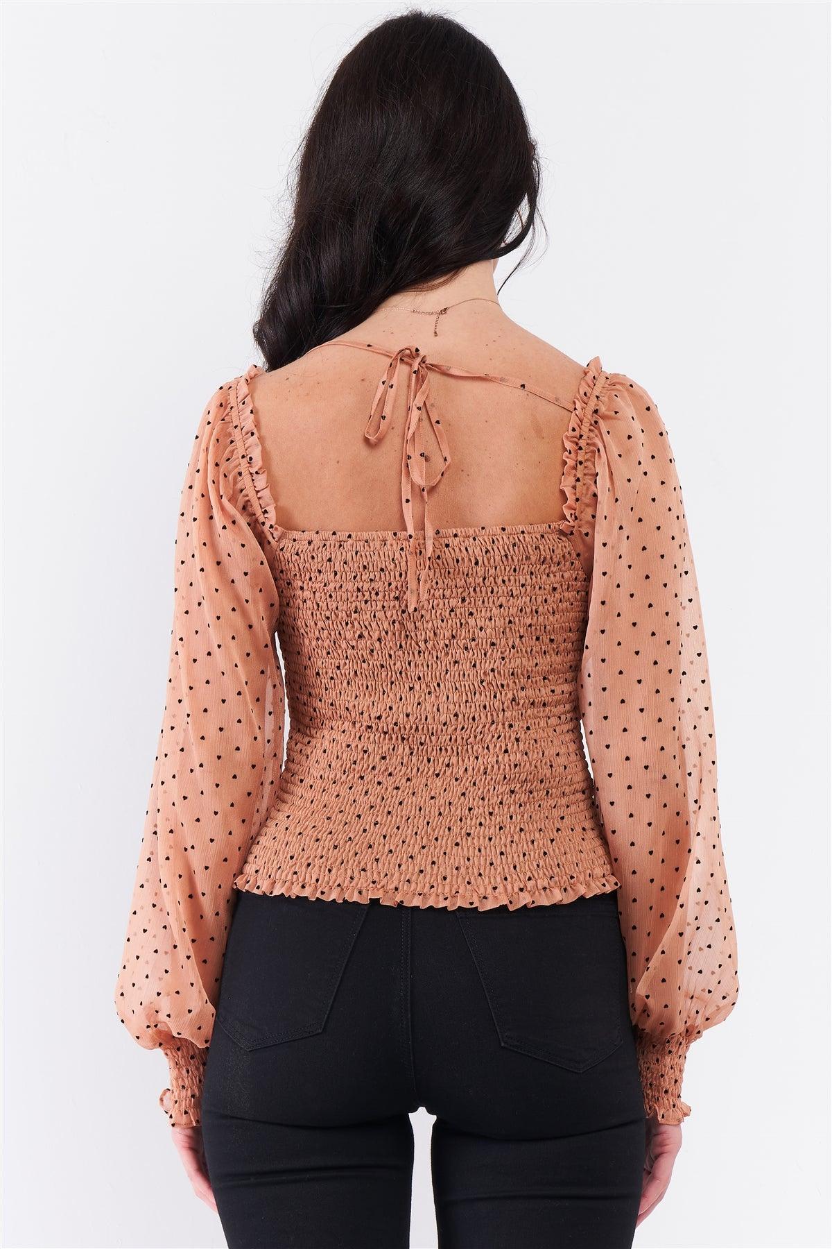 Caramel Drizzle Heart Polka Dot Print Mesh Balloon Sleeve Frill Square Neck Smock Top /3-2-1