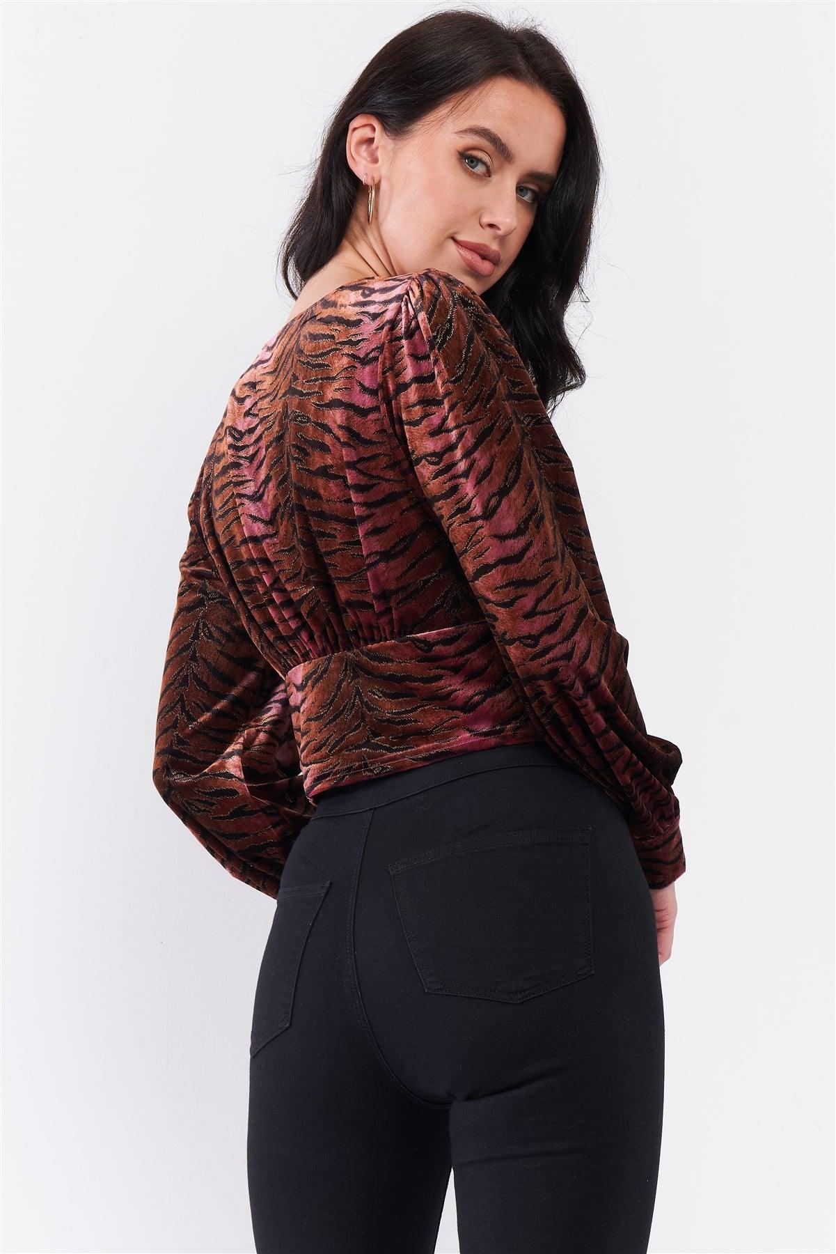 Retro Plum & Brown Gradient Tiger Print Plunging V-Neck Long Sleeve Button Down Detail Crop Top /3-2-1