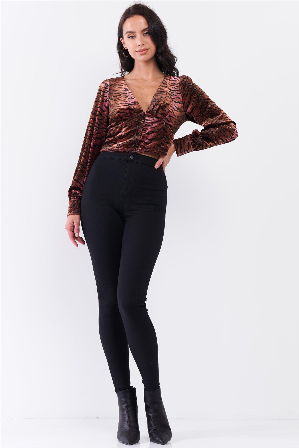 Retro Plum & Brown Gradient Tiger Print Plunging V-Neck Long Sleeve Button Down Detail Crop Top /3-2-1