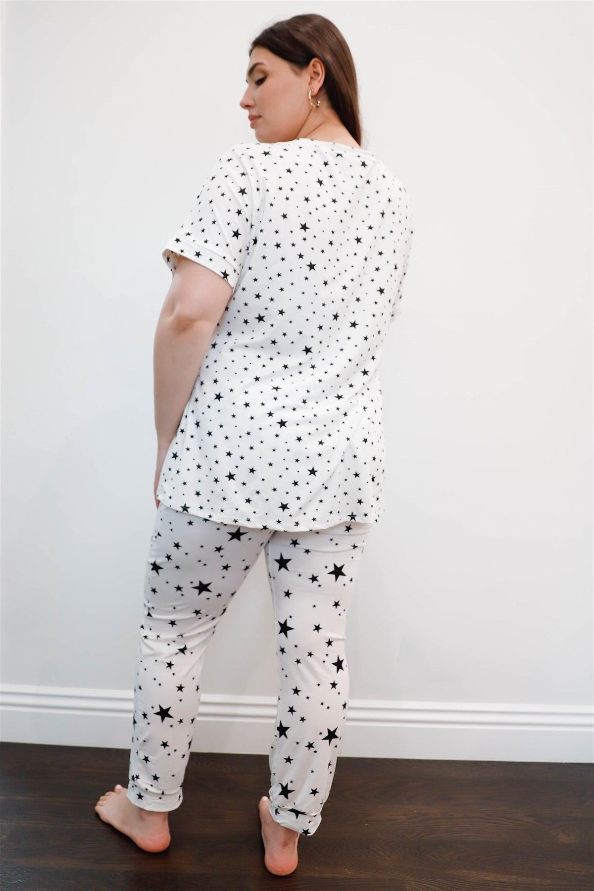 White Star Print Loose T-Shirt & Sweatpants Set /1-1-1