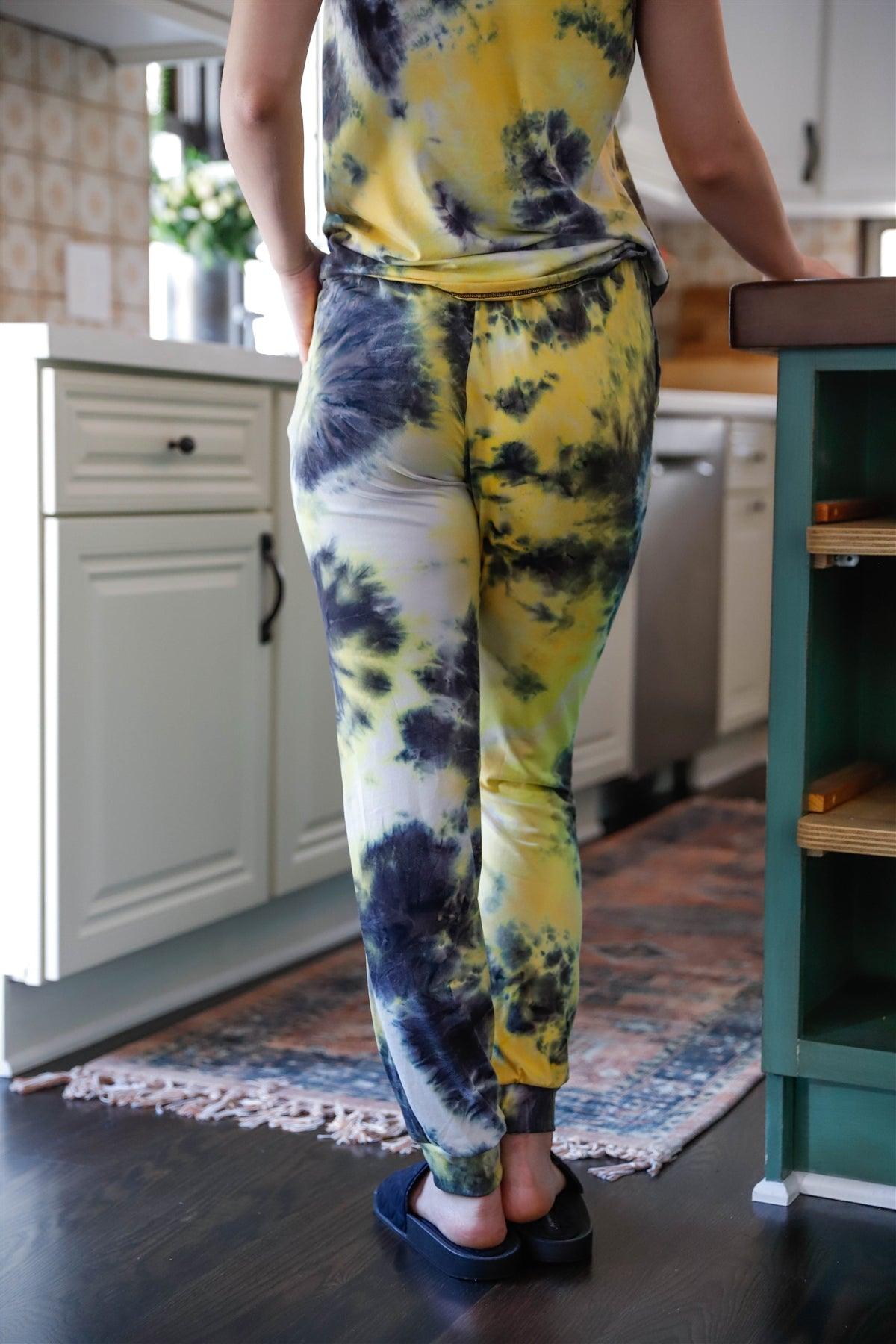 Black Yellow Tie Dye Tank Top Ripped Sweatpants Set