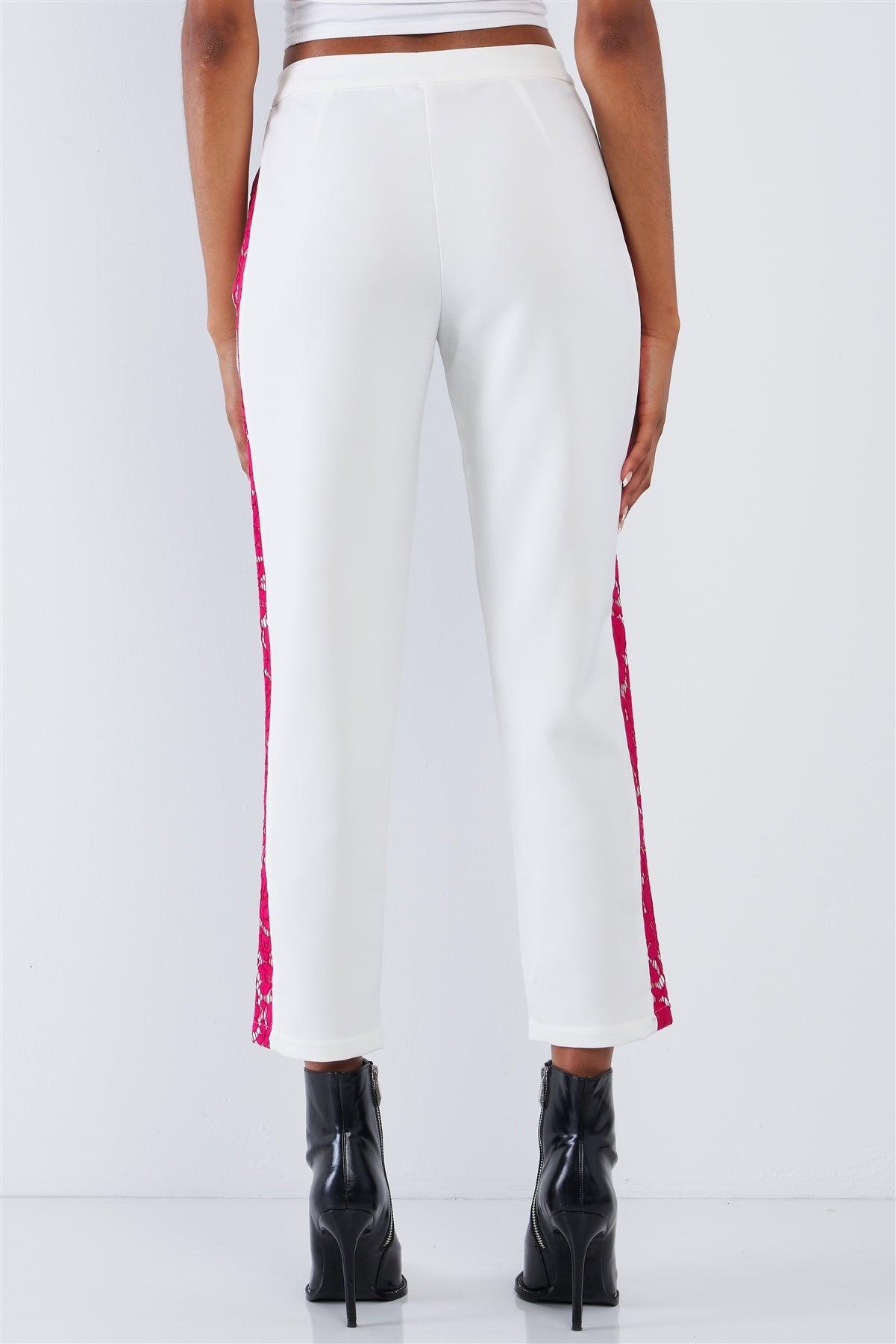 White High Waisted Capri With Hot Pink Lace Side Leg Trim /1-2-2-1