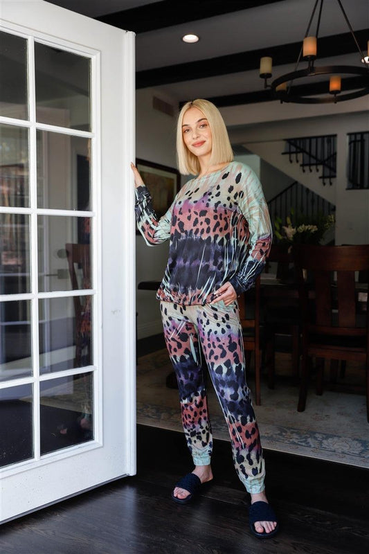 Dark Sage Animal Print Long Sleeve T-Shirt & Sweatpants Set