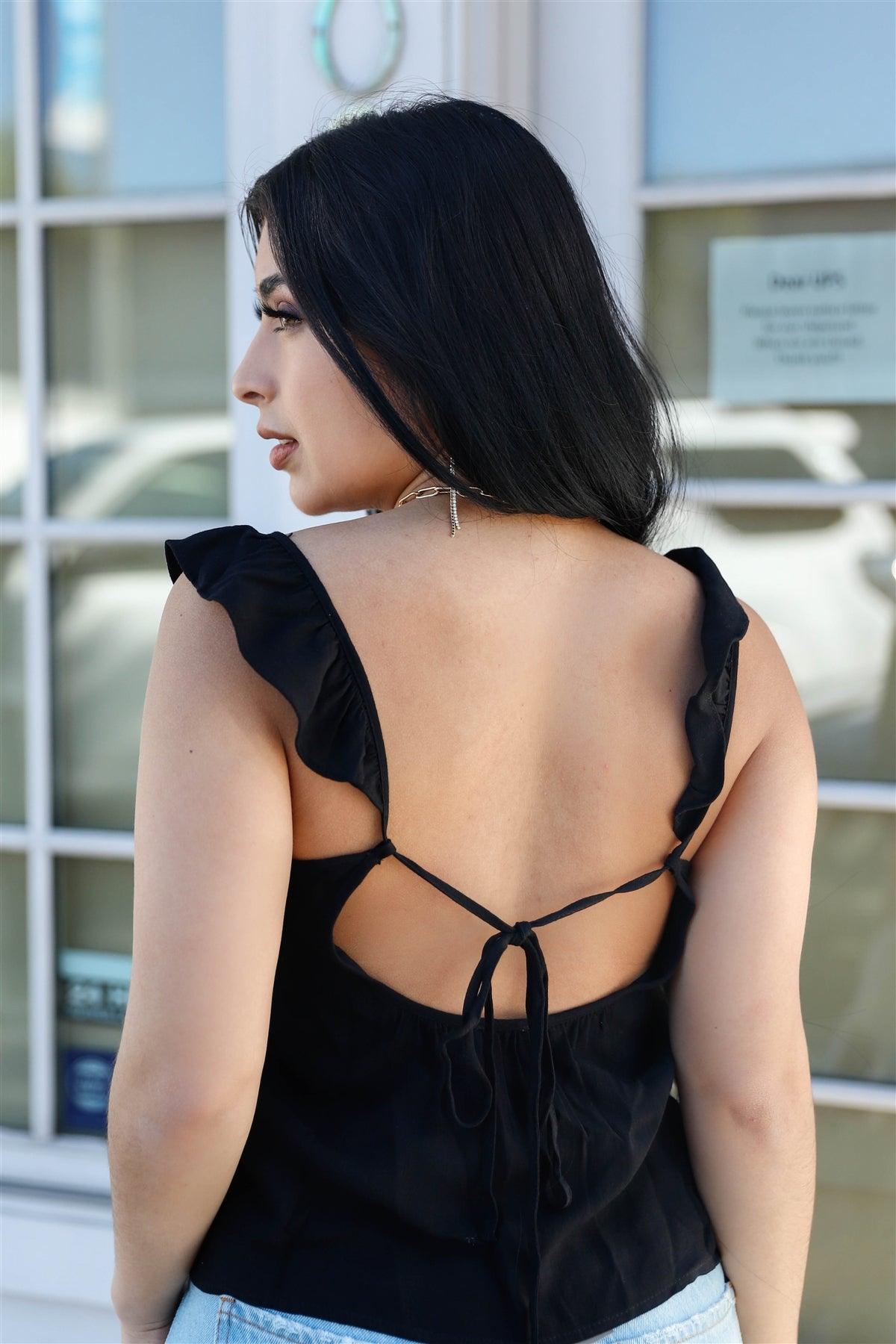 Black Ruffle Straps Back Cut-Out Self-Tie Detail Top /3-2-1